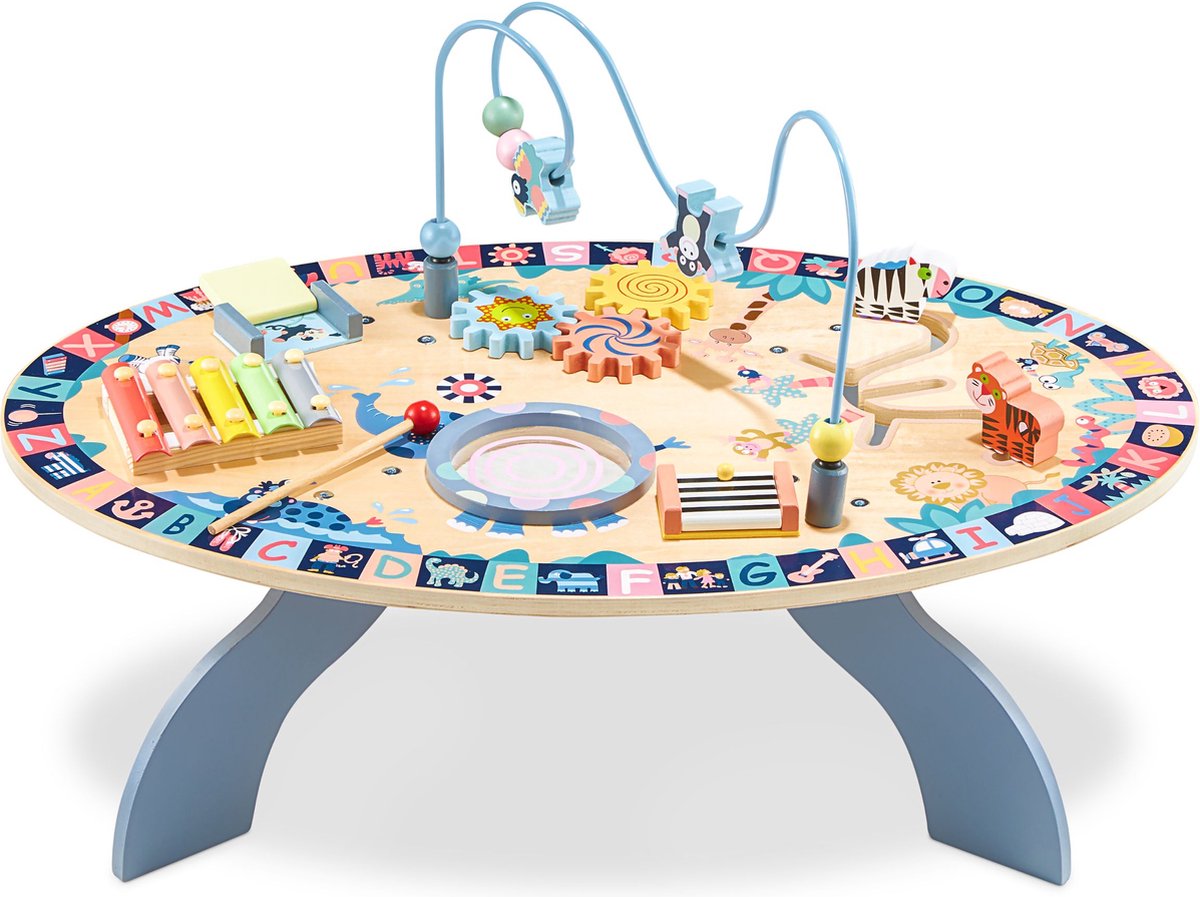 Mamabrum houten educatieve tafel voor kinderen vanaf 6 maanden, interactieve tafel: bekkens, trommel, labyrint, dieren, bewegende tandwielen, bewegende deur, speelgoed voor kleine kinderen