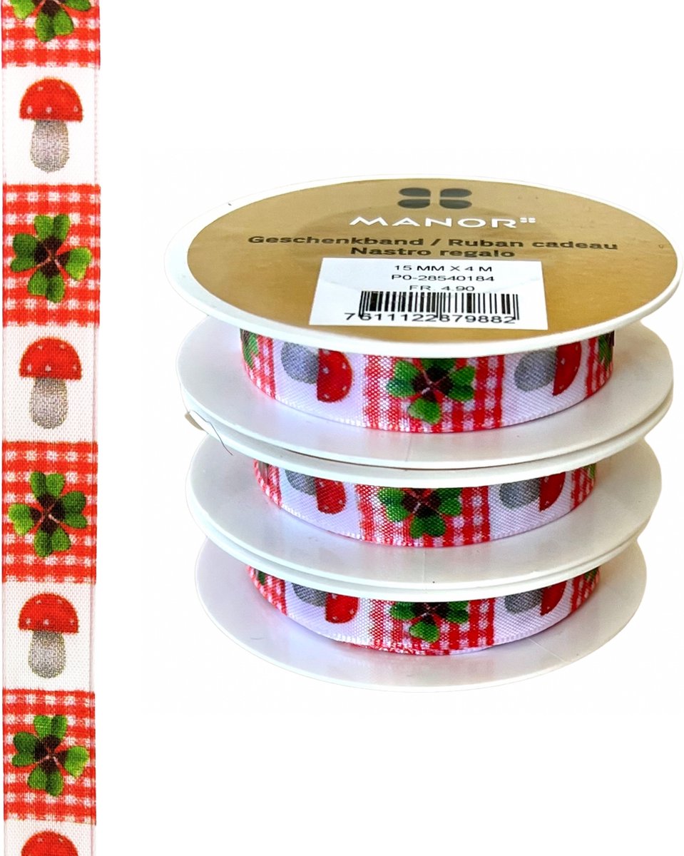 Geschenkband - Lint - 15 mm x 4 meter - Klavertje 4, paddestoel - 3 Stuks