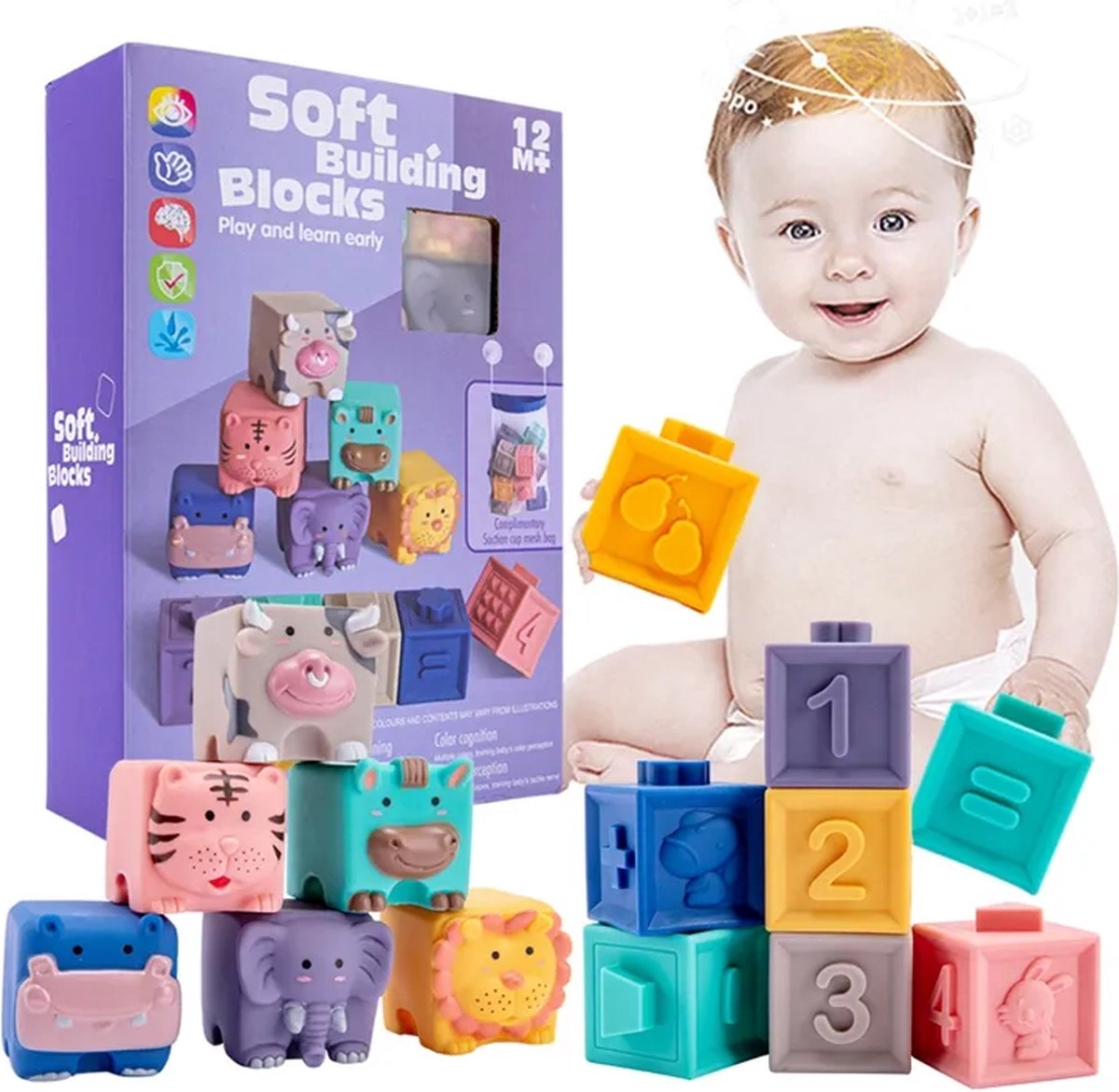 3D Touch zachte bouwblokken - Bijtring sensorisch kauwspeeltje - baby en kinderen -Kids Silicone Stapelspeelgoed Set - bouwblokken en dieren - 12 stuks