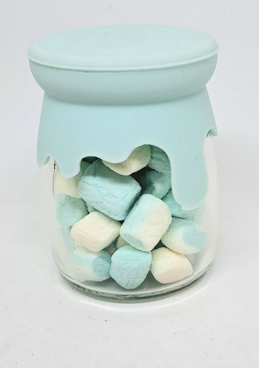 12 - glazen - potje - blauw - (verf)deksel - geboorte - bedankje - traktatie - met - mini - marshmallows - babyshower - doopsuiker