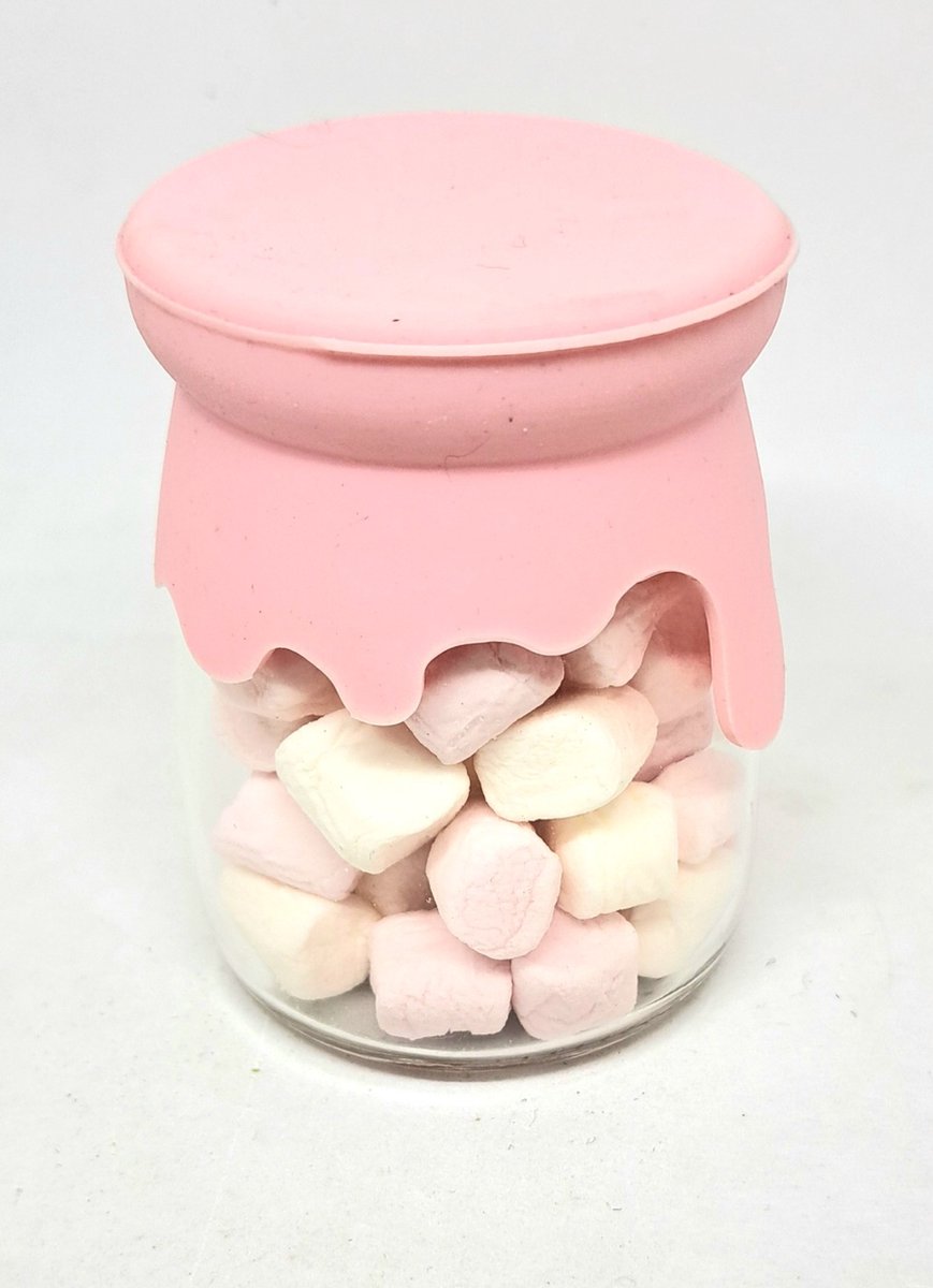 12 - glazen - potje - roze - (verf)deksel - geboorte - bedankje - traktatie - met - mini - marshmallows - babyshower - doopsuiker