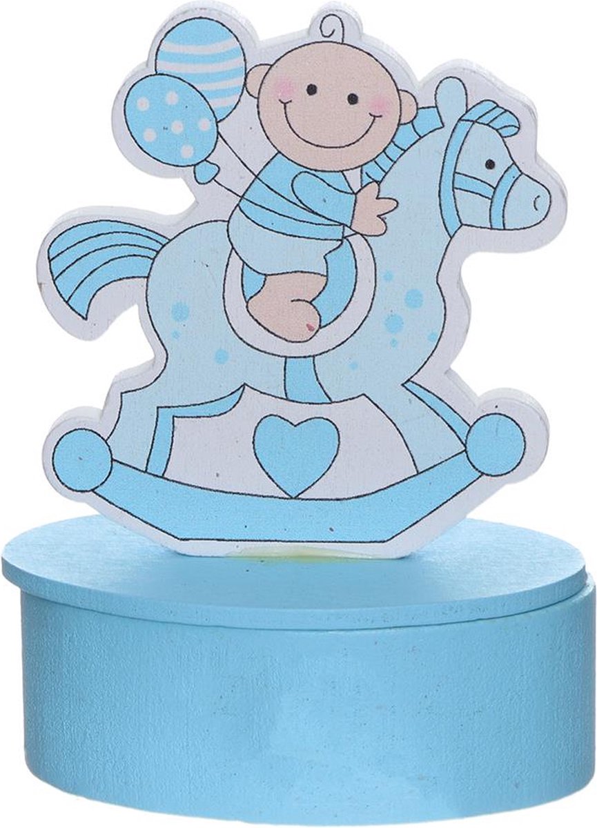 12 blauwe gevulde doosjes baby op hobbelpaard met vruchtenhartjes uitdeelbedankje voor geboorte of babyshower