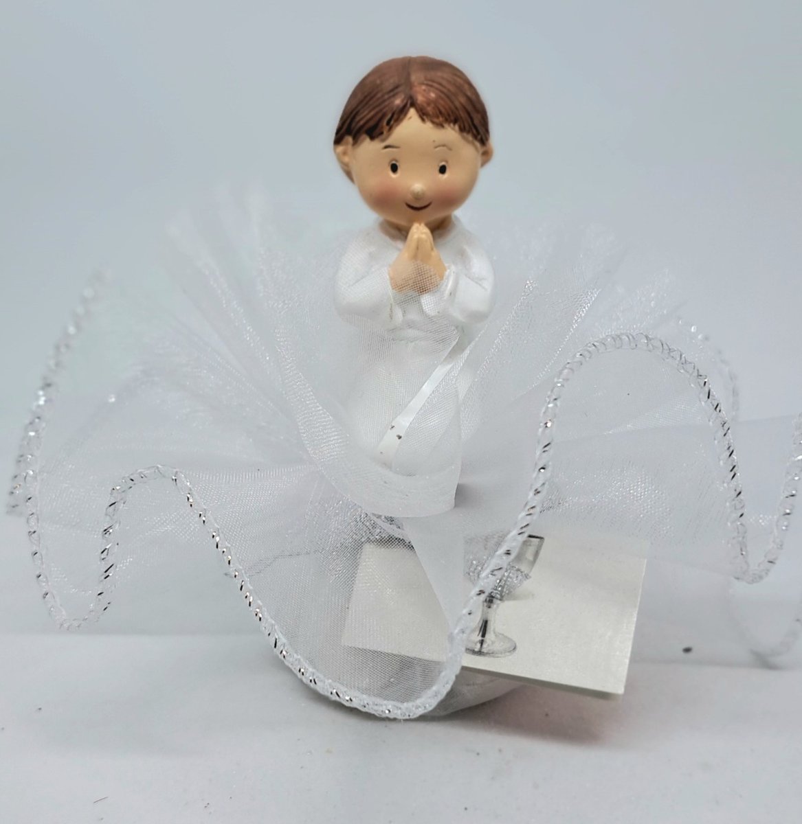 12x Communie jongen op tule met chocoladedragees uitdeel bedankjes voor eerste Heilige communie