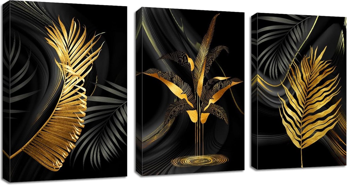 3 Panel Moderne Zwarte Gouden Blad Canvas Schilderij Tropische Monstera Art Schilderijen Prints, Schilderkunst Geschikte Woonkamer, Klaar Om Op Te Hangen, Uitgerekt Op Frame, 30x40cmx3 Stuks