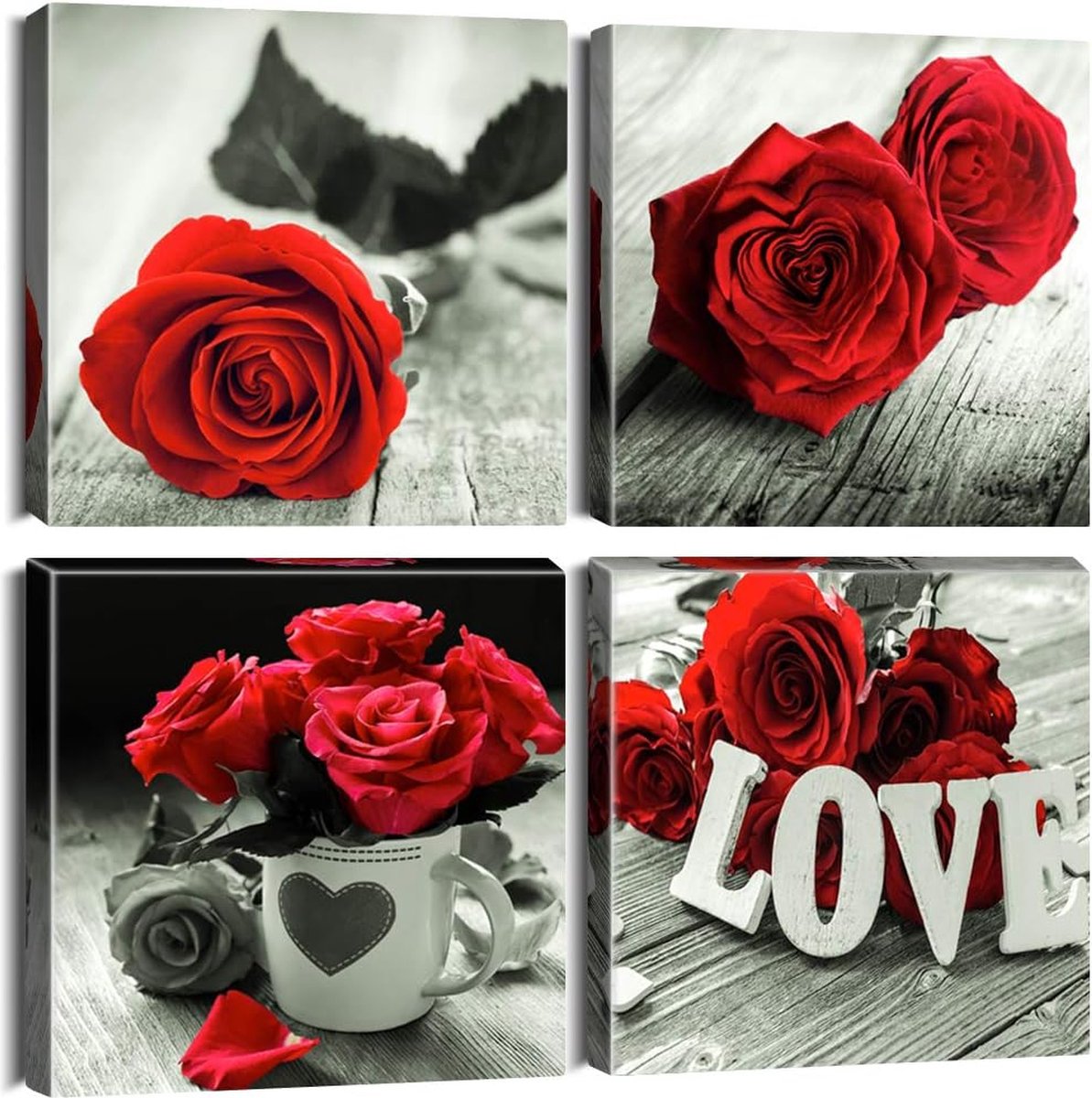 Muurkunst canvas prints - schilderij - romantische rode roos fotoschilderij, modern muurkunstwerk, ingelijst, voor badkamer kantoor woondecoratie - 30 x 30 cm, 4 stuks
