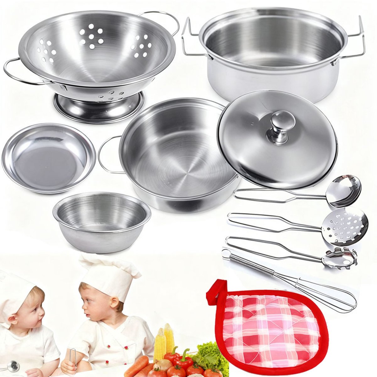 Speelkeuken - Mini-speelkeukenaccessoires - roestvrijstalen kookgerei - kookset - speelpotten en pannen - speelgoedpakket voor kinderen en peuters voor Halloween, Kerstmis, Verjaardag