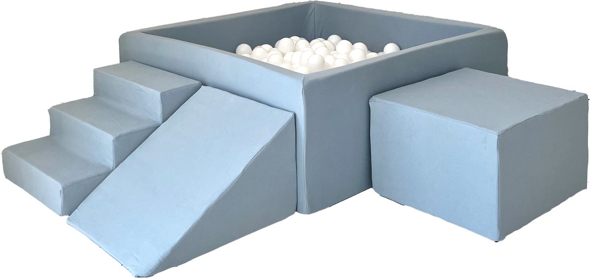 Ballenbad - Ballenbak - Moje - Katoen Blauw - Vierkant Met 3 Speel Elementen Met 400 Witte Ballen