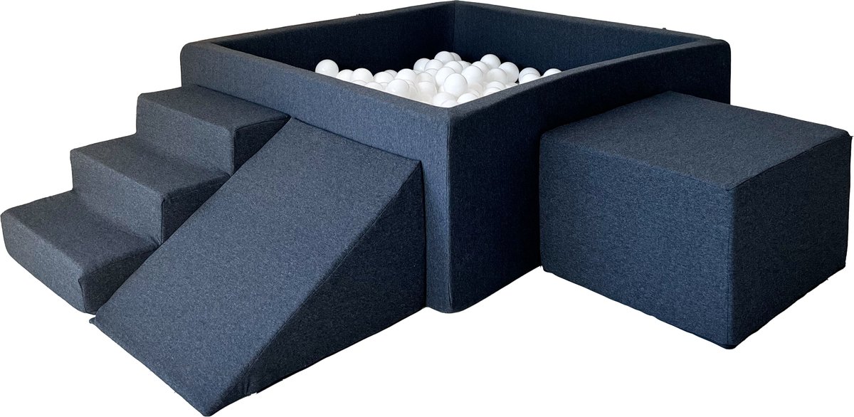 Ballenbad - Ballenbak - Moje - Katoen Graphite - Vierkant Met 3 Speel Elementen Met 400 Witte Ballen