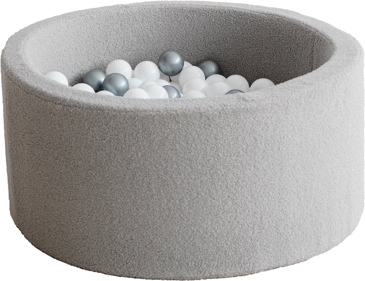 Moje Ballenbad - Bouclé - 90x40cm - Grijs met 200 ballen: wit en zilver