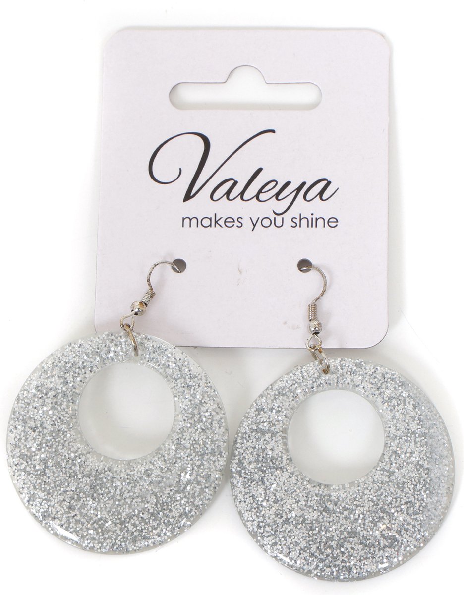 Oorbellen Rond Zilver Glitter - Foute Party - Carnaval - One Size - Volwassenen