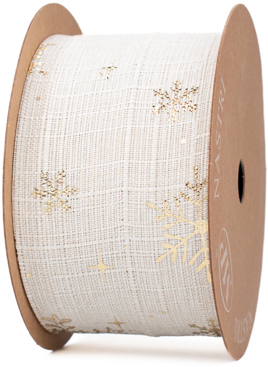 Kerstlint - Wit met gouden sneeuwvlokken - 6,3 cm breed - 10 meter lang - Breed decoratief lint