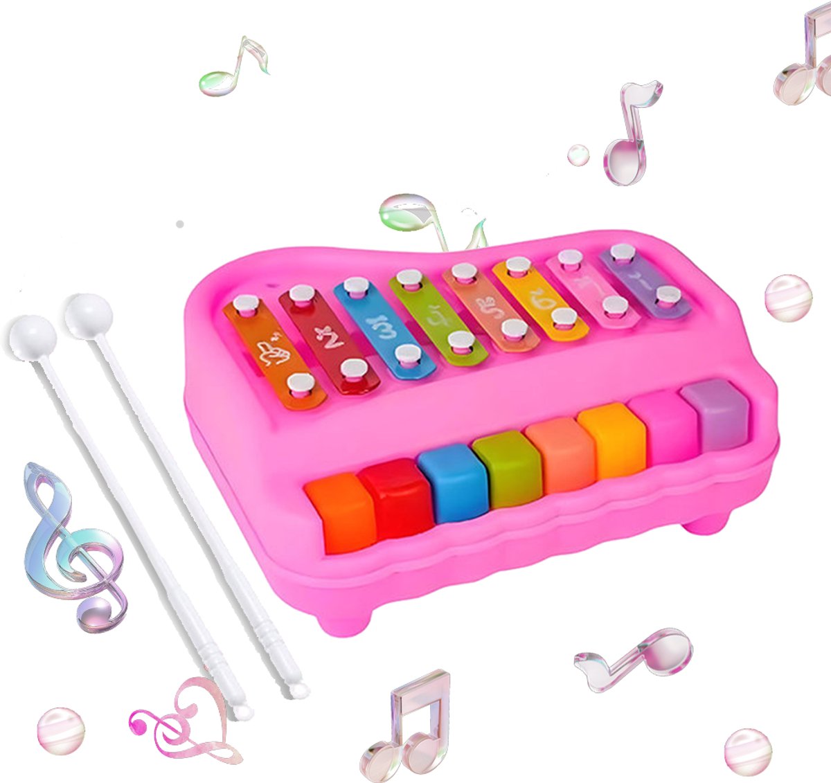 2-in-1 Xylofoon Piano Muziekspeelgoed – Hamerspel + Toetsenbord, Batterijvrij Speelgoed met Cijfers & Kleuren voor Auditieve Vaardigheden en Motorische ontwikkeling (Baby 12+ Maanden) Roze