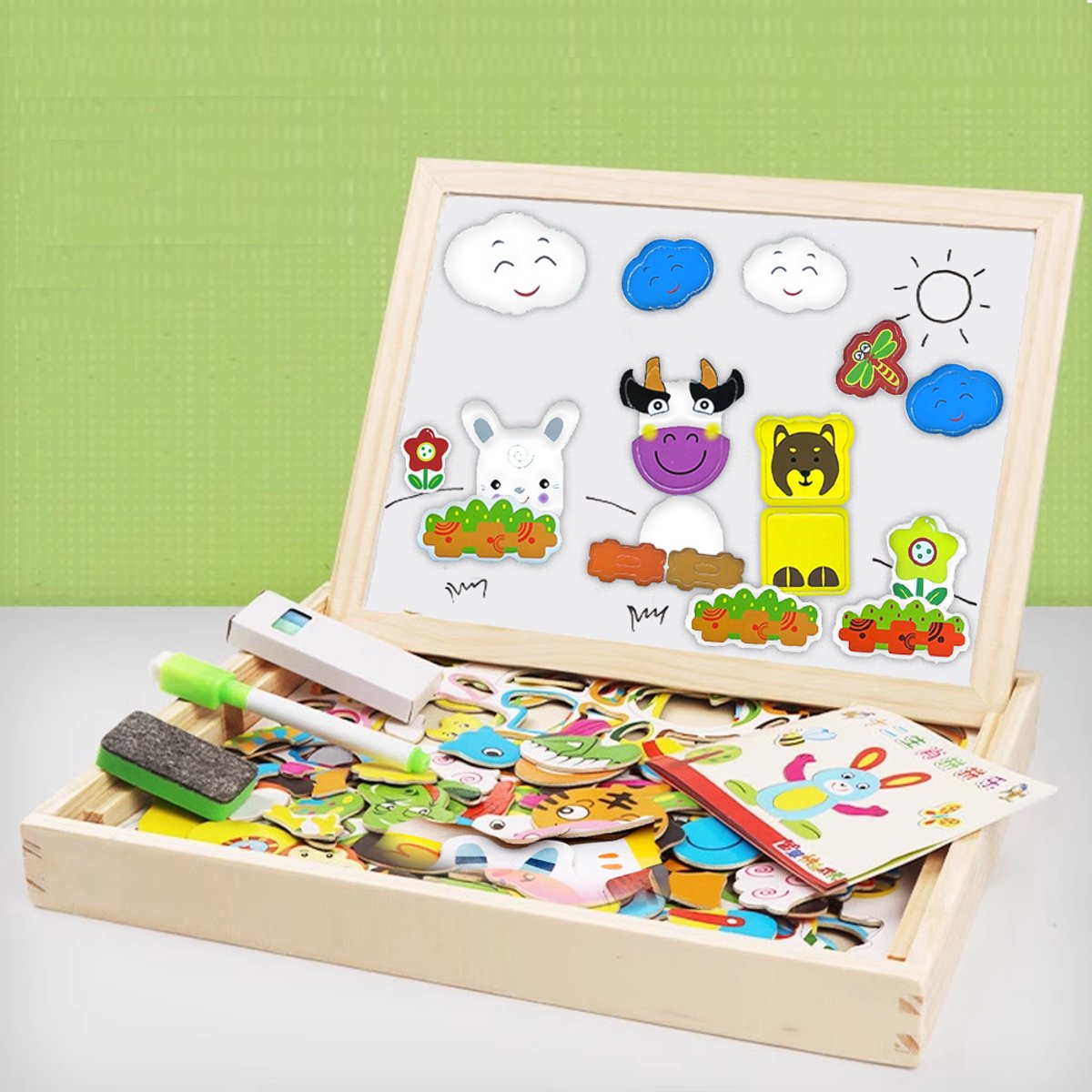 2 in 1 dubbelzijdig magnetisch speelbord Houten Speelbox voor kinderen- Educatief speelgoed boerderij