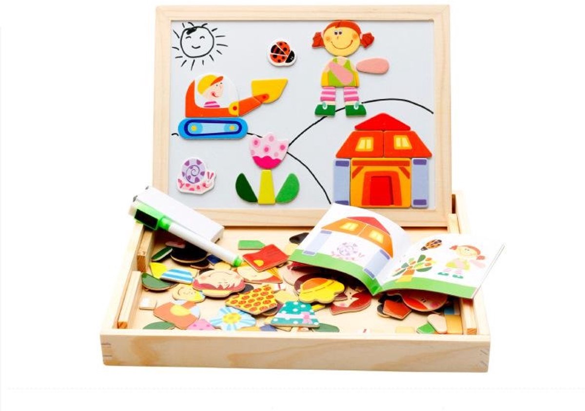 2 in 1 dubbelzijdig magnetisch speelbord Houten Speelbox voor kinderen- Educatief speelgoed tekenfilmfiguren