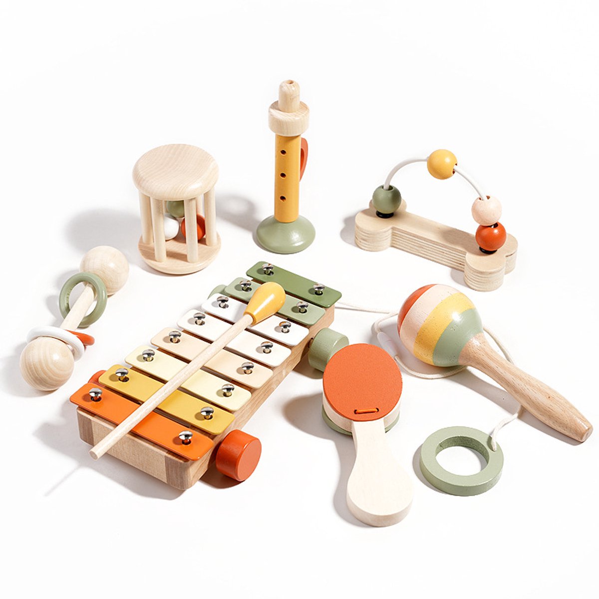 Baby Muziekinstrumentenset - Montessori Houten Muziekspeelgoed Neutraal Gekleurd Percussie-ensemble Educatief Speelgoed Voor Jonge Kinderen Rustgevende Rammelaars Muziekspeelgoed Speelgoed Om Te Leren Grijpen Voor Babys