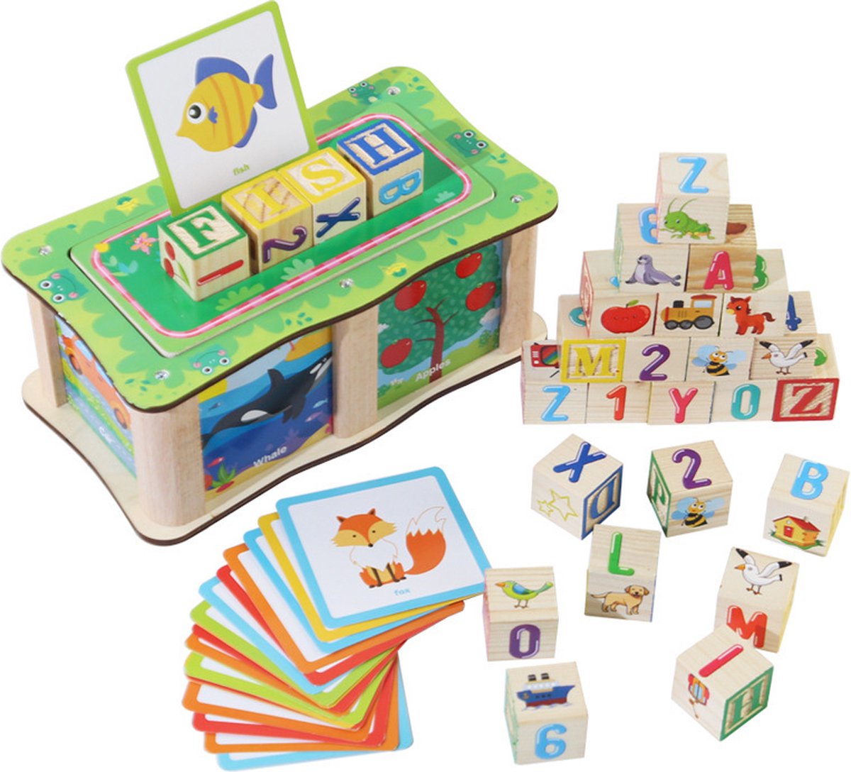 Bouwstenen ‌27-delig Alfabet Blokken Set – Montessori Leerbox met Cijfers, Dieren & Voertuigen + Dubbelzijdige Leerkaarten (Handgeschaafd Hout, Veilige Verf, Opbergsysteem)