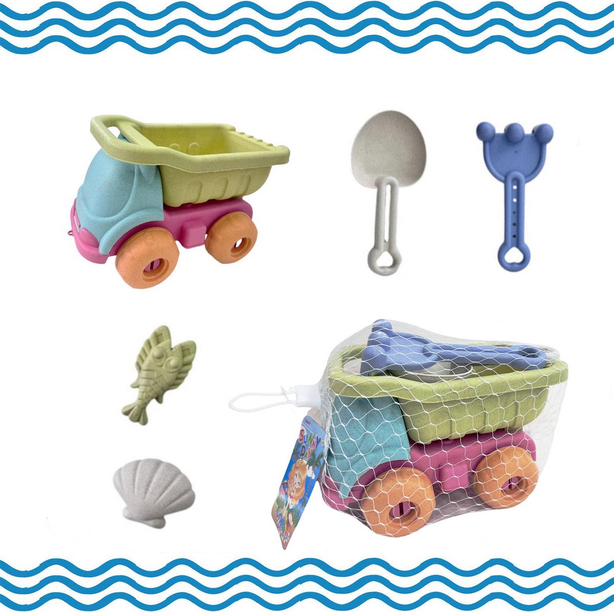 Zandspeelset 5-delige Strandspeelgoedset met Kipperwagen & Zeevormsjablonen – Duurzaam Plastic Zandspeelgoed in Pastelkleuren (Schildpad, Zeepaard, Schelp, Vis) + Schep voor Kinderen 1-6 Jaar