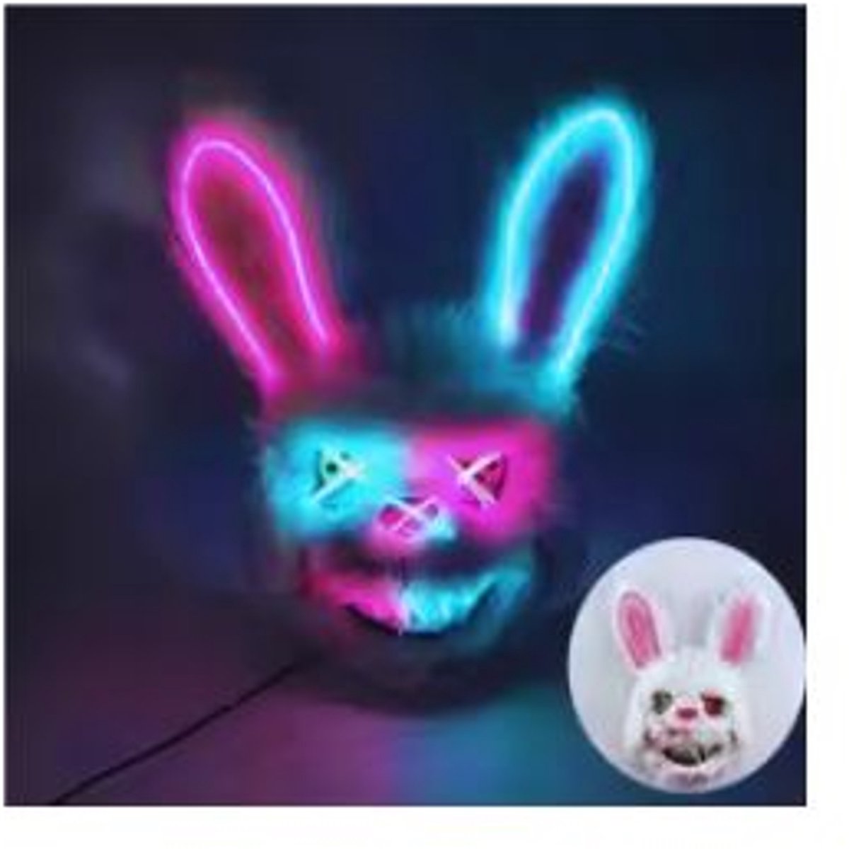 Delilahs Halloween Masker - Halloween Konijn Masker – Verlicht Kostuum Masker - Bloody Rabbit,- LED - Pluche , Wit blauw-roze licht