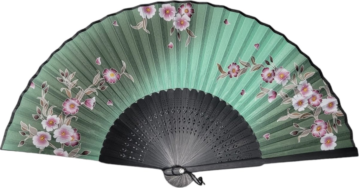 handwaaier - waaier festival - spaanse waaier - chinese waaier - handwaaier bamboe met bloemen print - groen 1 stuks - oDaani