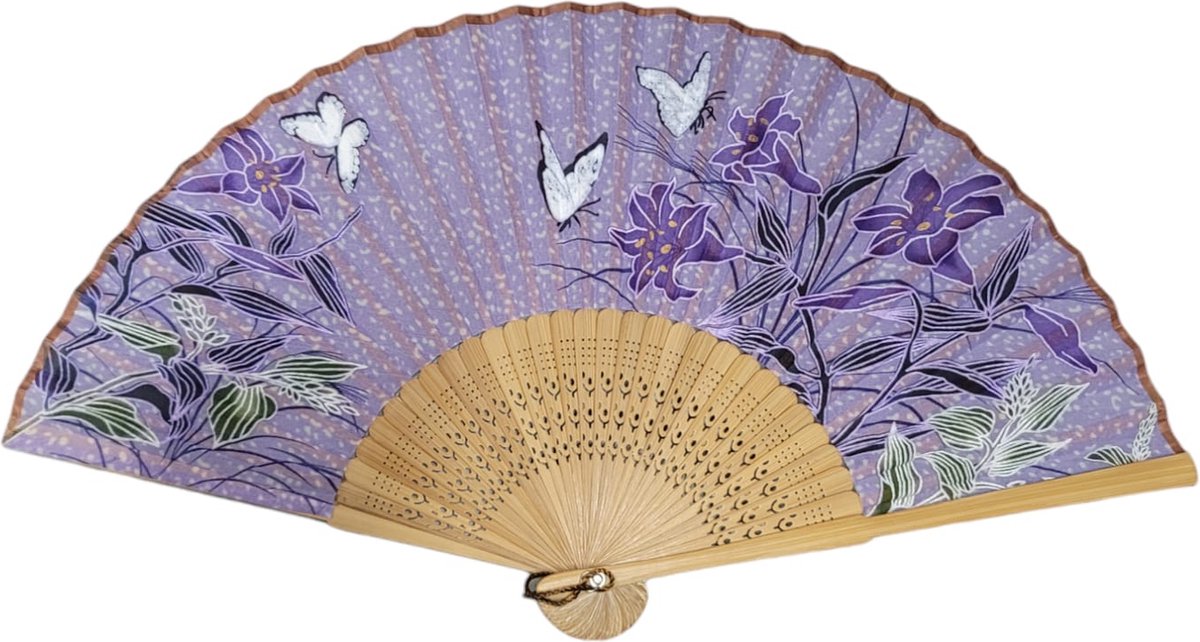 handwaaier - waaier festival - spaanse waaier - chinese waaier - handwaaier bamboe met bloemen print - vlinders 1 stuks - oDaani