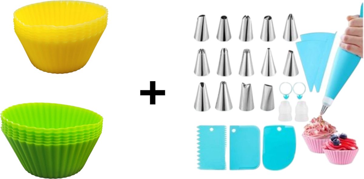 spuitzak met spuitmondjes - spuitzak herbruikbaar - taart decoratie set - inclusief 3 deegschrapers + 12 cupcake vormpjes silicone blauw + groen - oDaani