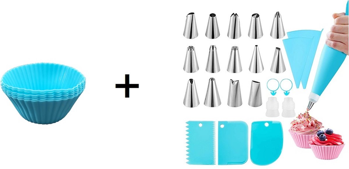 spuitzak met spuitmondjes - spuitzak herbruikbaar - taart decoratie set - inclusief 3 deegschrapers + 12 cupcake vormpjes silicone blauw - oDaani