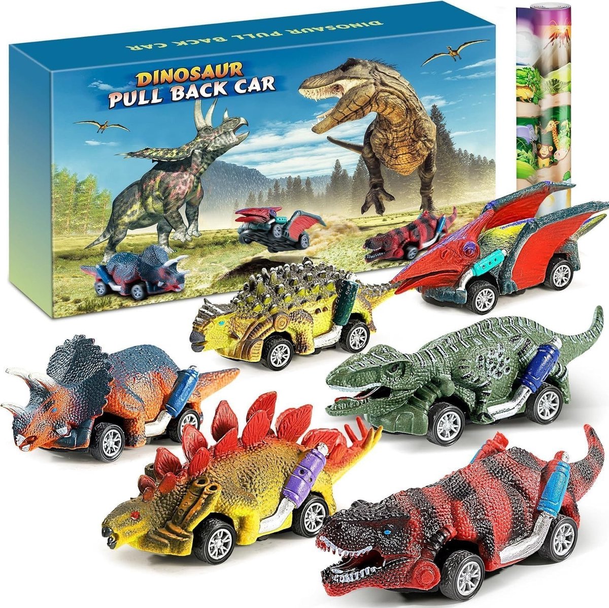 OPHY - Speelgoedauto dinosaurus - 6 stuks auto dino speelgoed met speelmat - kinderspeelgoed van 2 tot 3 jaar jongens meisjes cadeaus