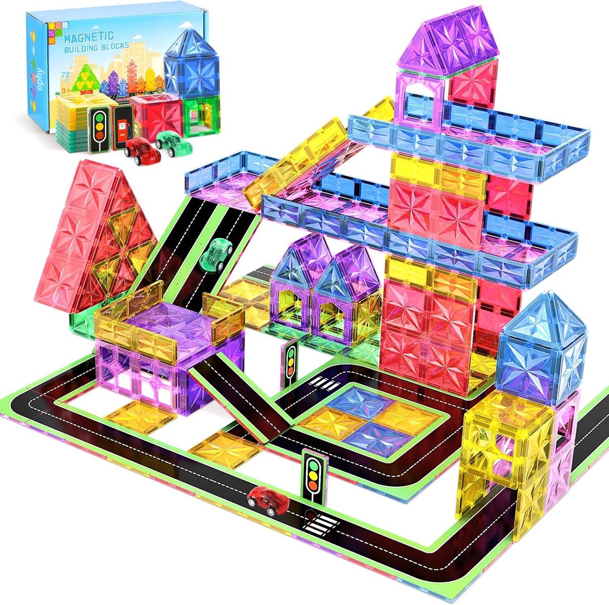 ophy - 72 Stuks Magnetische Bouwstenen voor Kinderen - Magnetische Constructies Kinderspeelgoed Kinderstadspaden met 2 Autos voor Kinderen van 3 4 5 6 7 8 Jaar Verjaardags- en Kerstcadeaus