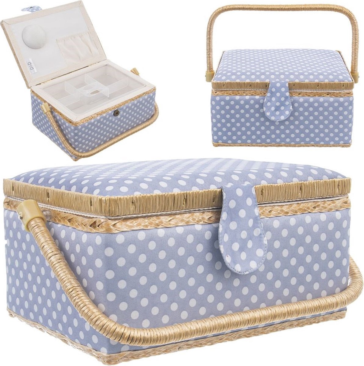 Naaidoos Blauw met Stippen 30x23x16 cm - Naaibox - Naaigaren Opbergbox - Opbergdoos - Organizer Naai Spullen