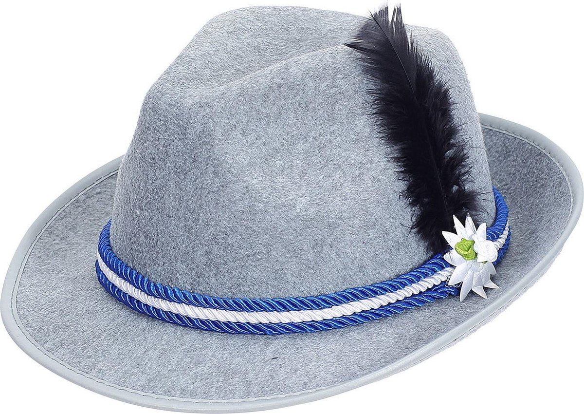 Oktoberfest Hoed Grijs Met Veer - Tirolerhoed - 20,5 x 16 cm (LxB)