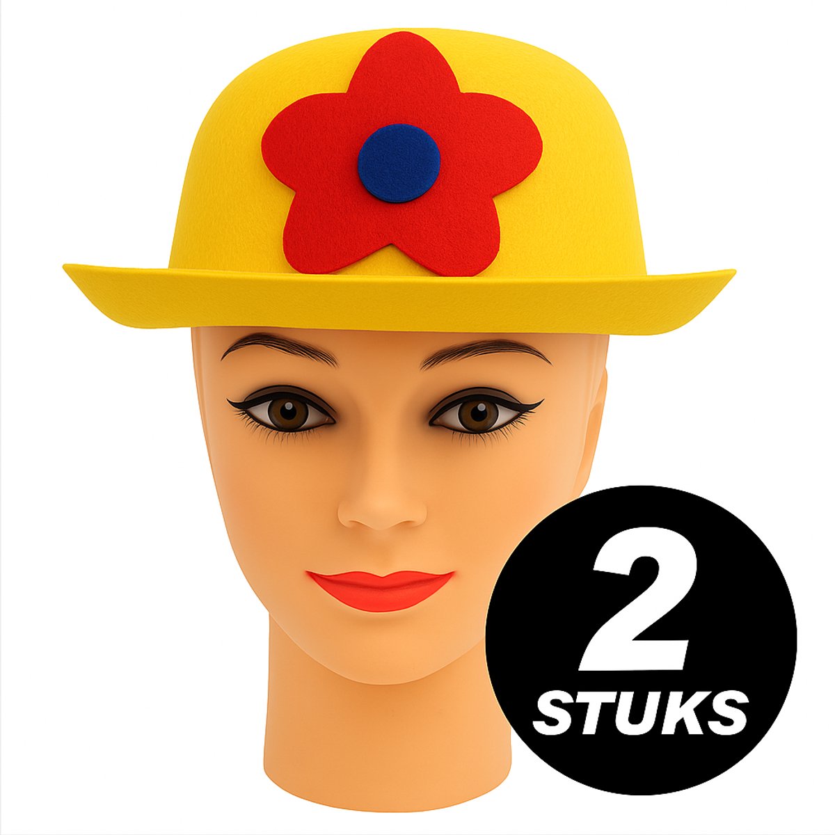 Clownshoed Geel met Rode Bloem – Verkleedhoed Set van 2 Stuks – Carnaval / Feest / Themafeest