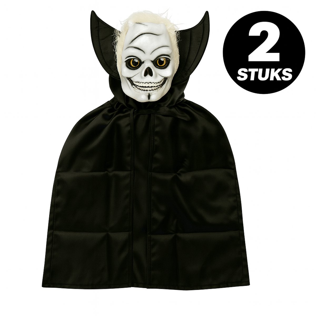 Halloween Skelet Masker met Zwarte Cape – Kinder Verkleed Set – Griezel Kostuum – 2-delig