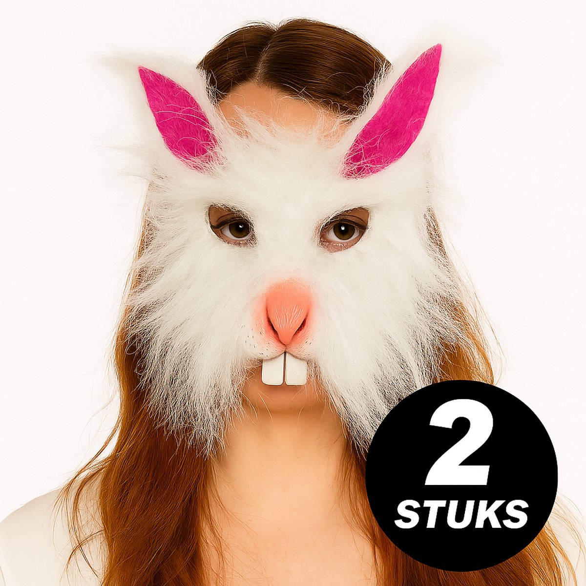 Konijnenmasker Wit – Pluche Bunny Masker met Tanden & Oren – Verkleedmasker Carnaval & Feest – Set van 2 stuks