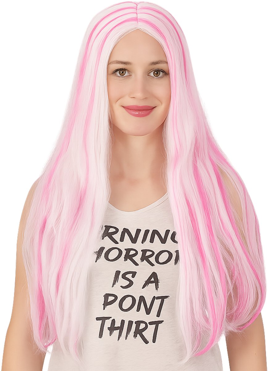 Lange Roze-Witte Verkleedpruik – Party & Feest Accessoire