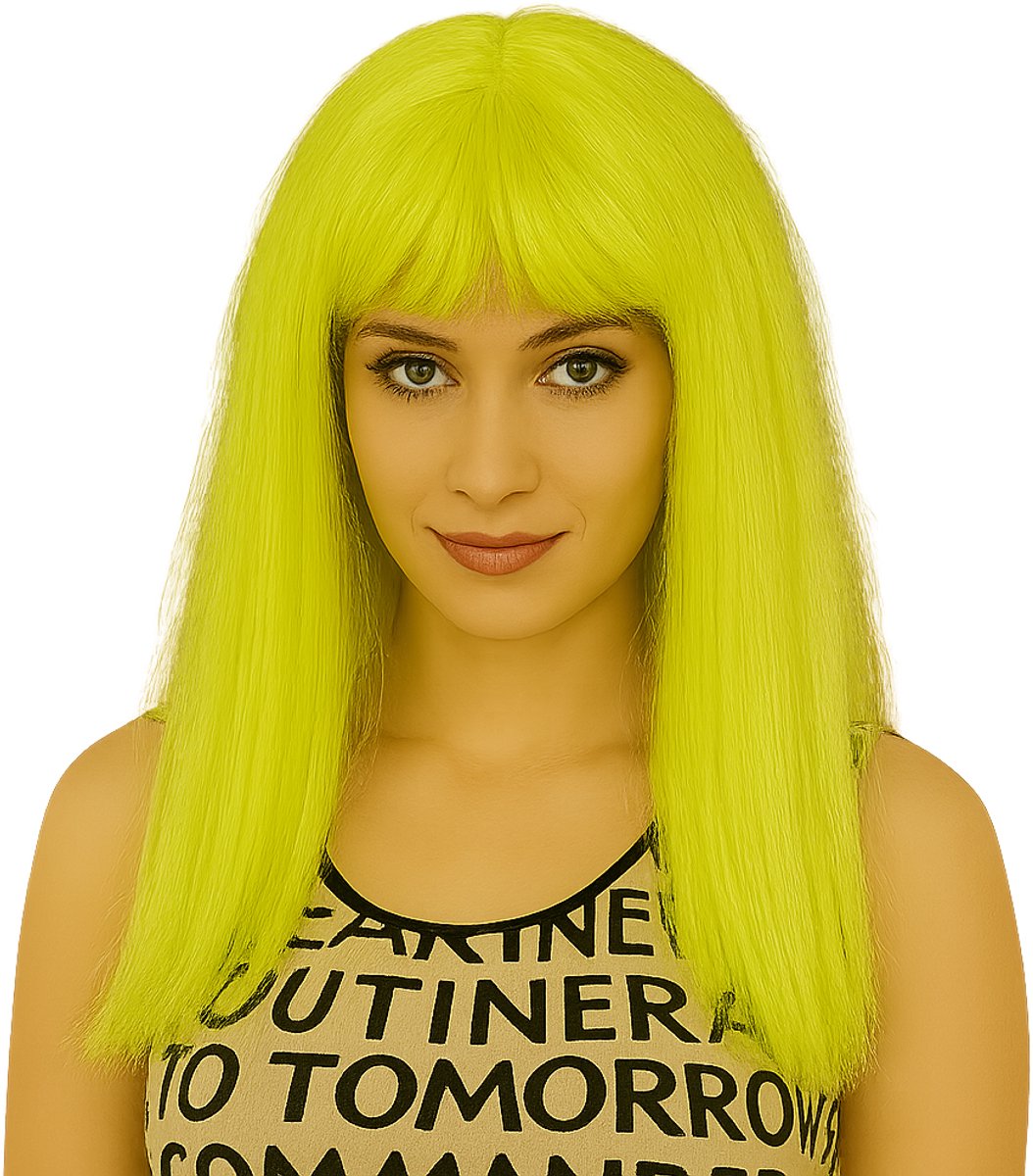 Neon Gele Rechte Verkleedpruik – Feestpruik voor Carnaval & Themafeesten