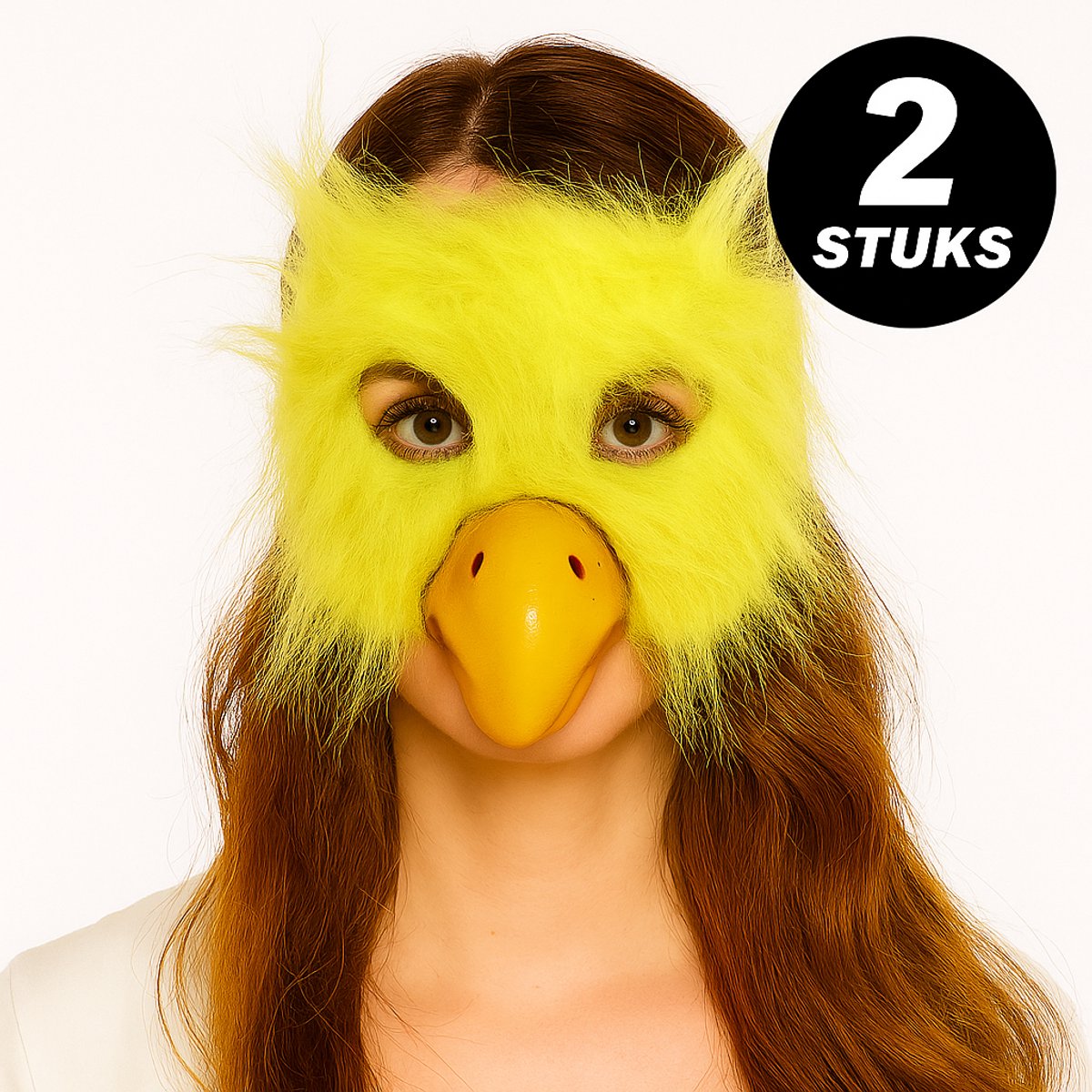 Verkleedmasker Vogel Geel – Pluche Kuiken Masker met Snavel – Dierenmasker Carnaval & Feest – Set van 2 stuks
