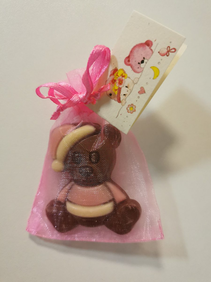 25 stuks chocolade roze teddy beer in organzazakje voor babyshower of geboorte