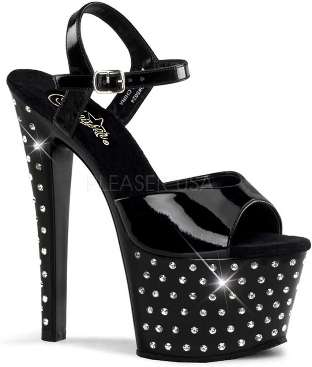 Stardust-709 peeptoe stiletto sandal with rhinestones on heel and platform black patent - (EU 35 = US 5) - Pleaser