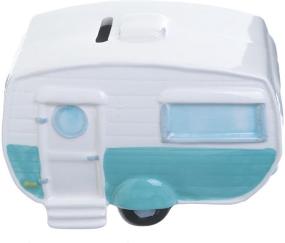 Spaarpot caravan keramiek in wit en lichtblauw