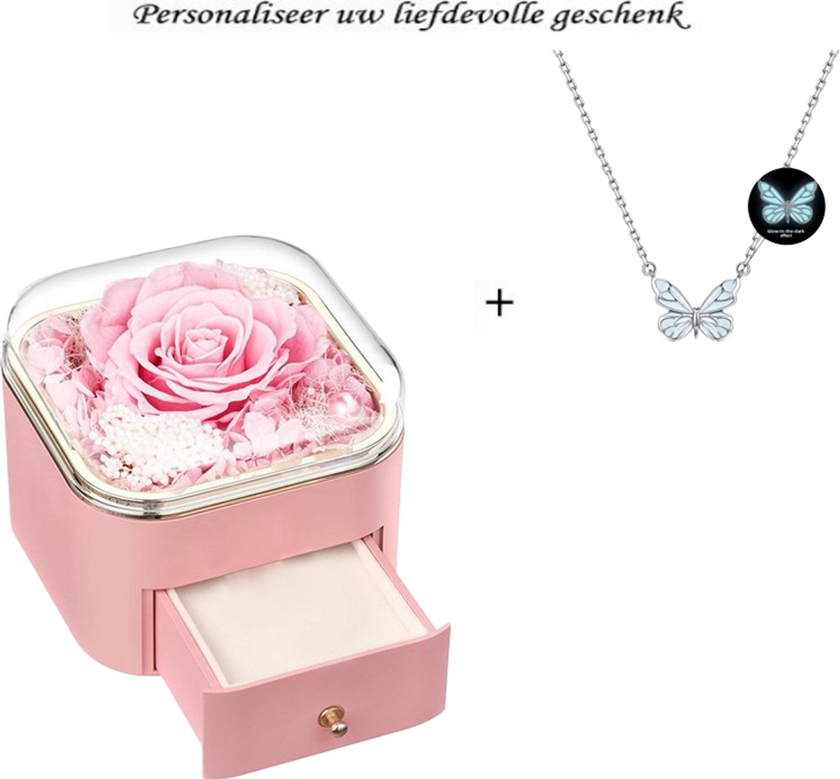 Elegante Roze Geschenkdoos met Blauwe Lichtgevende Vlinder Ketting – Glow in the Dark Sieraad, Romantisch Cadeau voor Haar