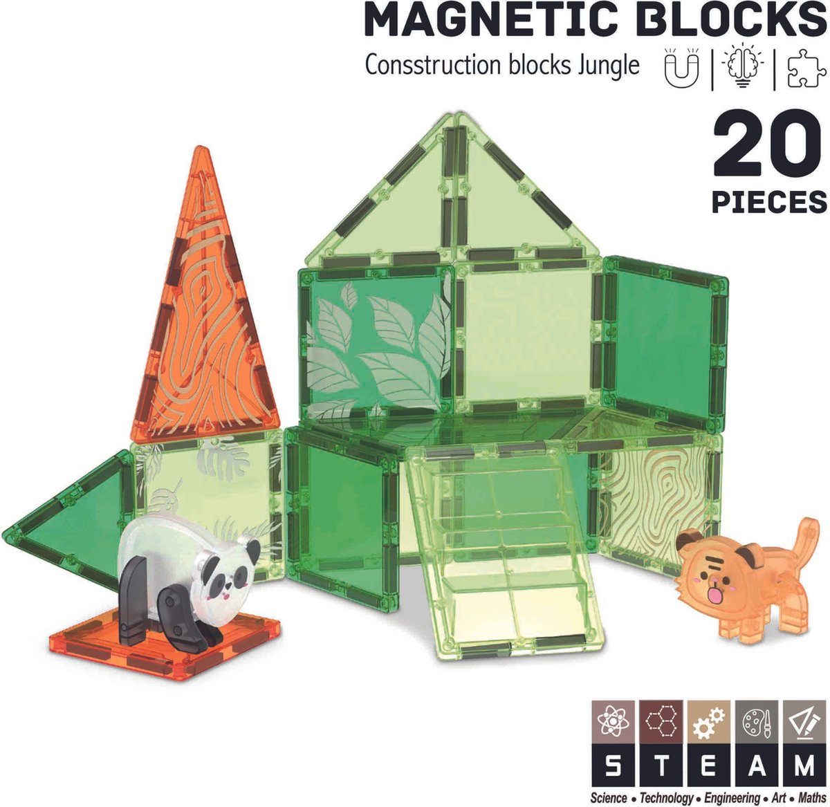 Roosly Magnetisch Speelgoed - Magnetic Tiles - 20stuks Jungle - Constructie speelgoed - Magnetische tegels - Montessori speelgoed - Magnetic toys - Magnetische bouwstenen - Speelgoed Kinderen