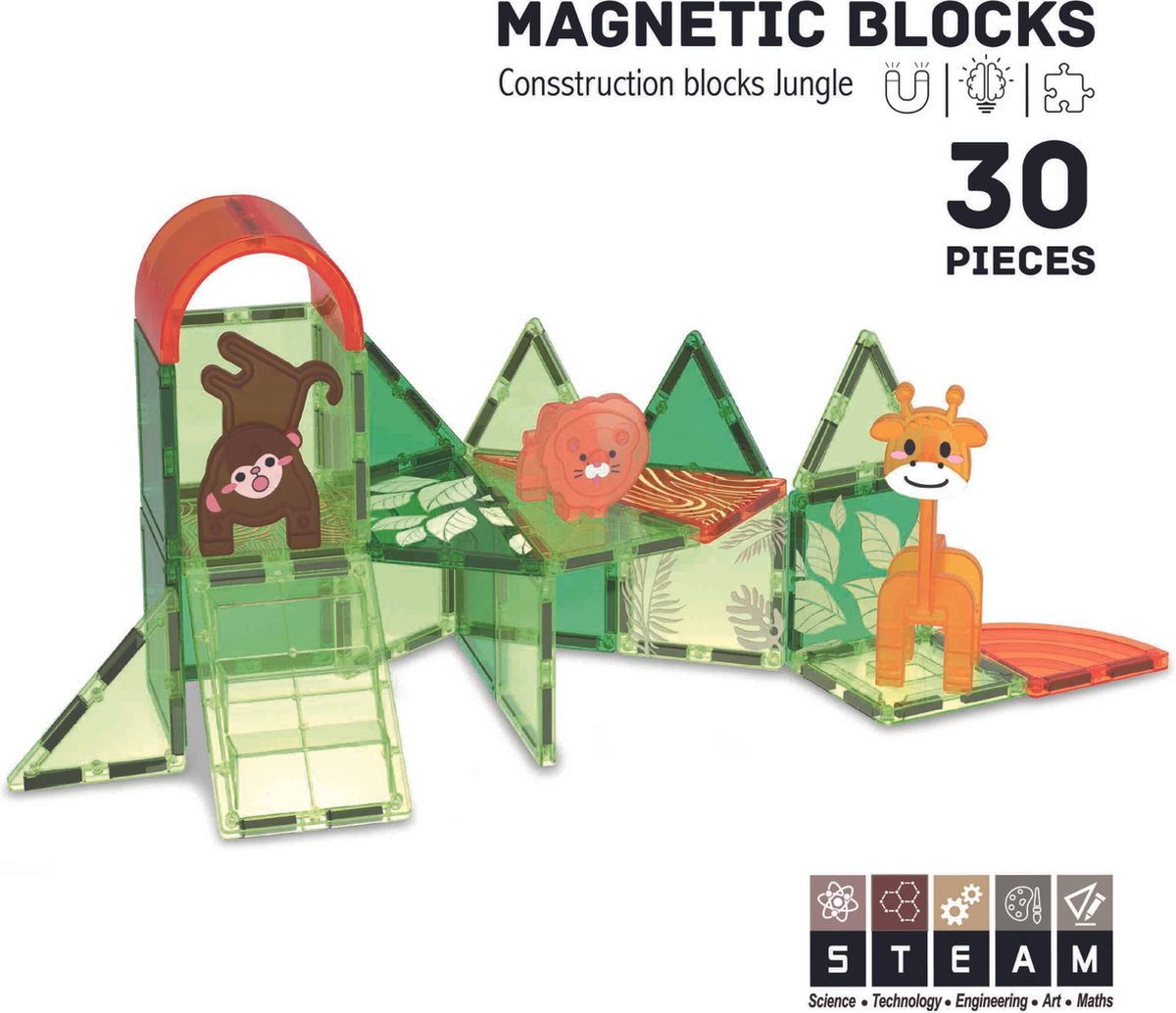 Roosly Magnetisch Speelgoed - Magnetic Tiles - 30stuks Jungle - Constructie speelgoed - Magnetische tegels - Montessori speelgoed - Magnetic toys - Magnetische bouwstenen - Speelgoed Kinderen