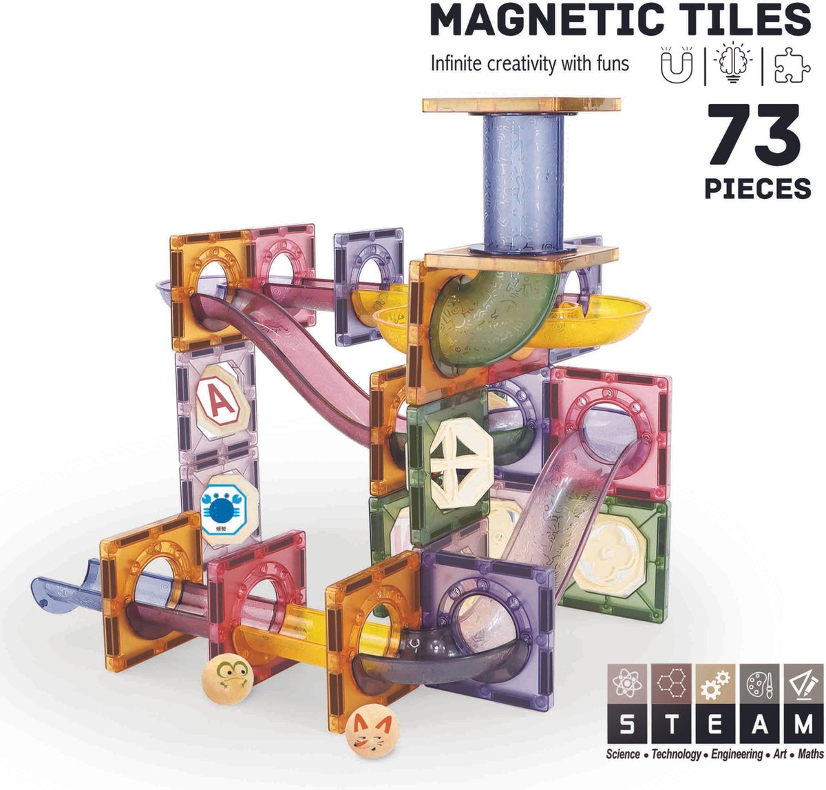Roosly Magnetisch Speelgoed - Magnetic Tiles - 73stuks - Magnetic tiles Knikkerbaan - Constructie speelgoed - Magnetische tegels - Montessori speelgoed - Magnetic toys - Magnetische bouwstenen - Speelgoed Kinderen