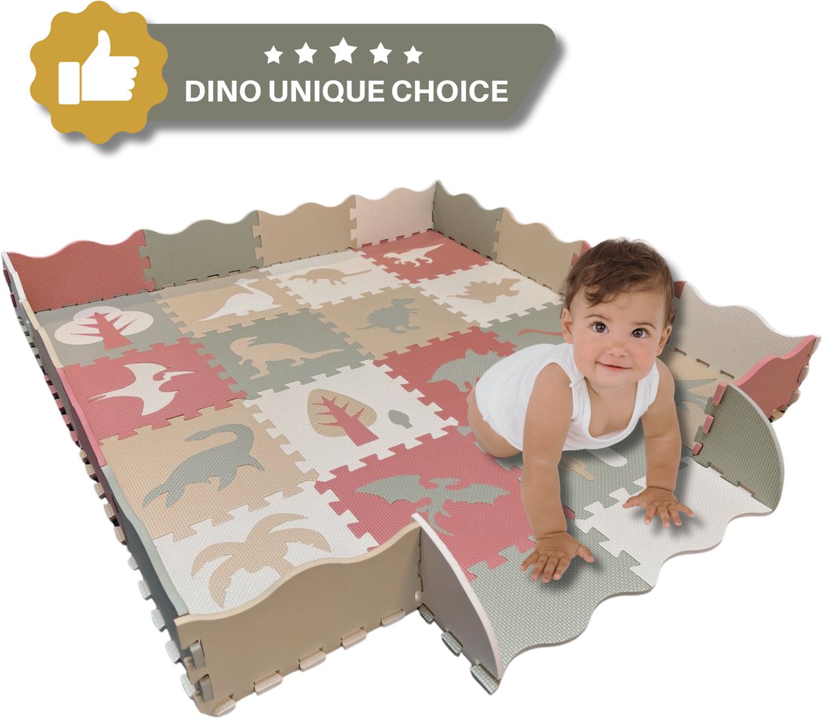 Roosly Speelmat Baby - Speelkleed Baby - babygym - Foam vloerpuzzel 145 x 145 cm - Opstaande Rand - Inclusief Opbergtas - speelgoed -Veilig & Zacht - Dino - Pastel