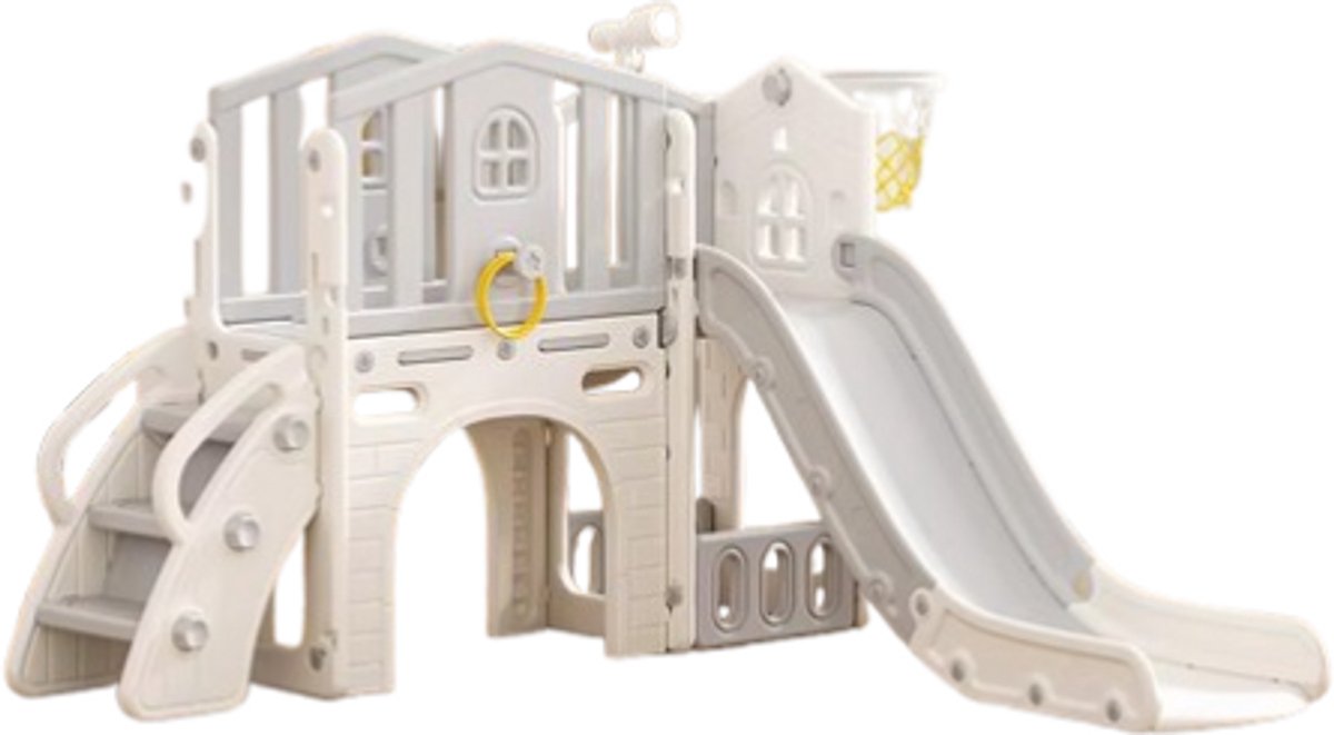 Speeltoestel Toren Luxe Huis Grijs/Wit met glijbaan en basket voor binnen en buiten