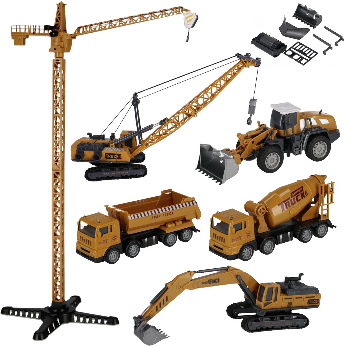 4in1 SET bouwvoertuigen, kraan, betonmixer, graafmachine, kiepwagen, BEWEEGBARE onderdelen, pull&back 3+