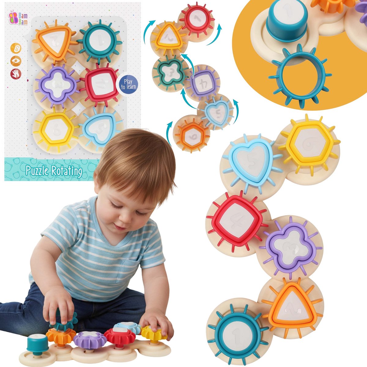 Bam Bam Draaipuzzel - interactief ontwikkelingsspeelgoed voor kinderen 9m+