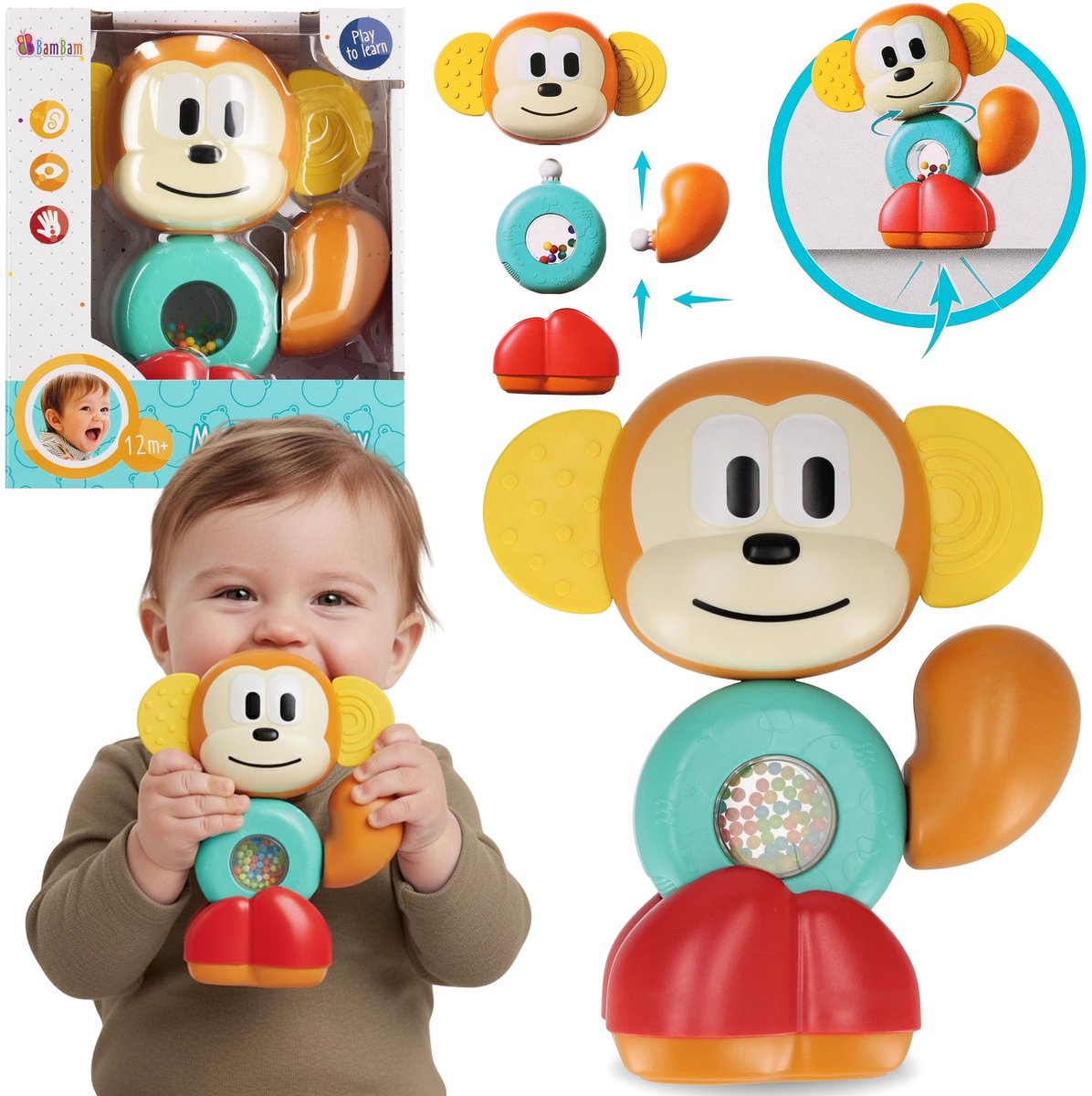 Bam Bam Modulaire speelgoed, RAMMELSPEELGOED vrolijke AAP, BIJTSPEELGOED voor kinderen 12m+