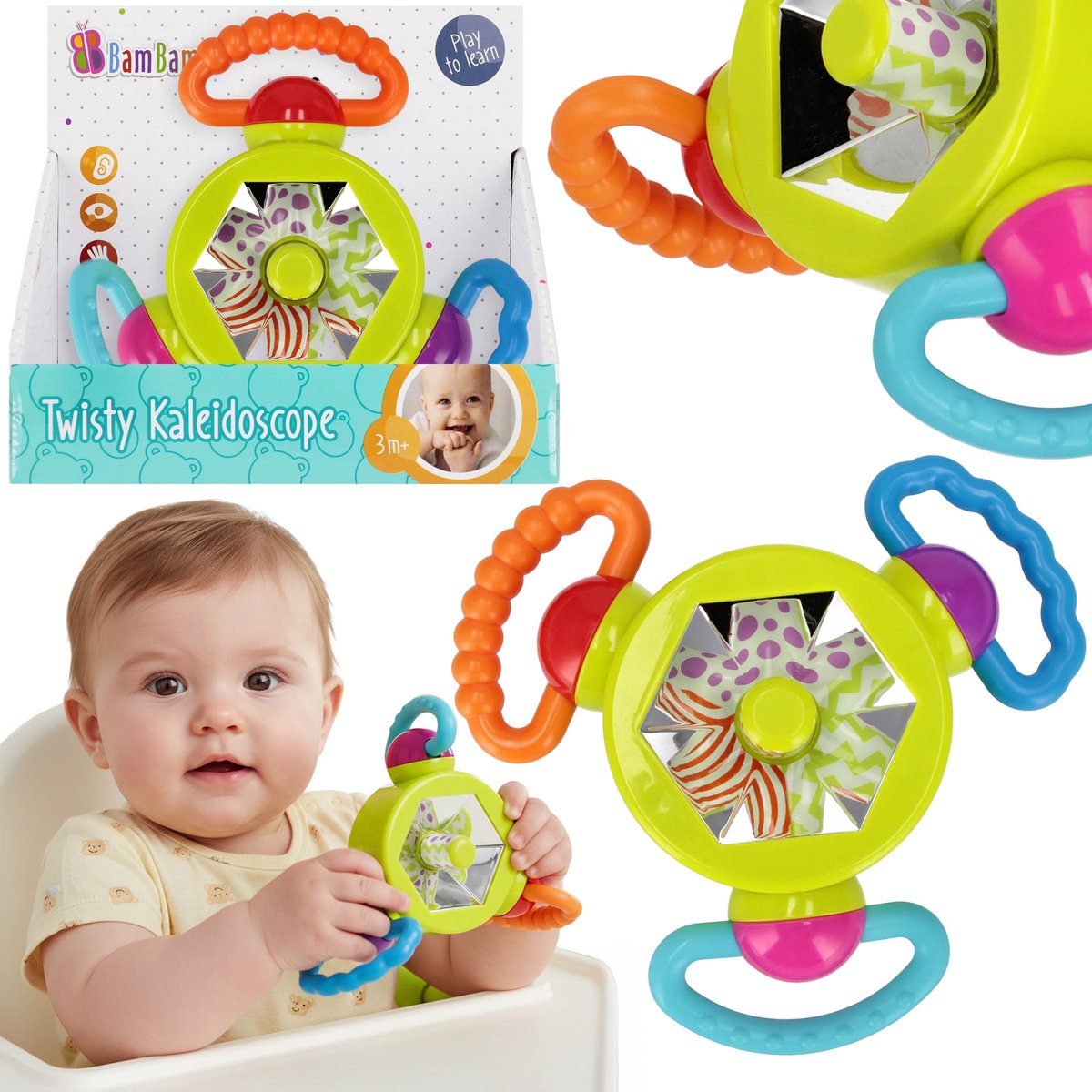 Bam Bam RAMMELSPEELGOED gedraaide caleidoscoop, sensorisch BIJTSPEELGOED, kleurrijk speelgoed voor babys 3m+