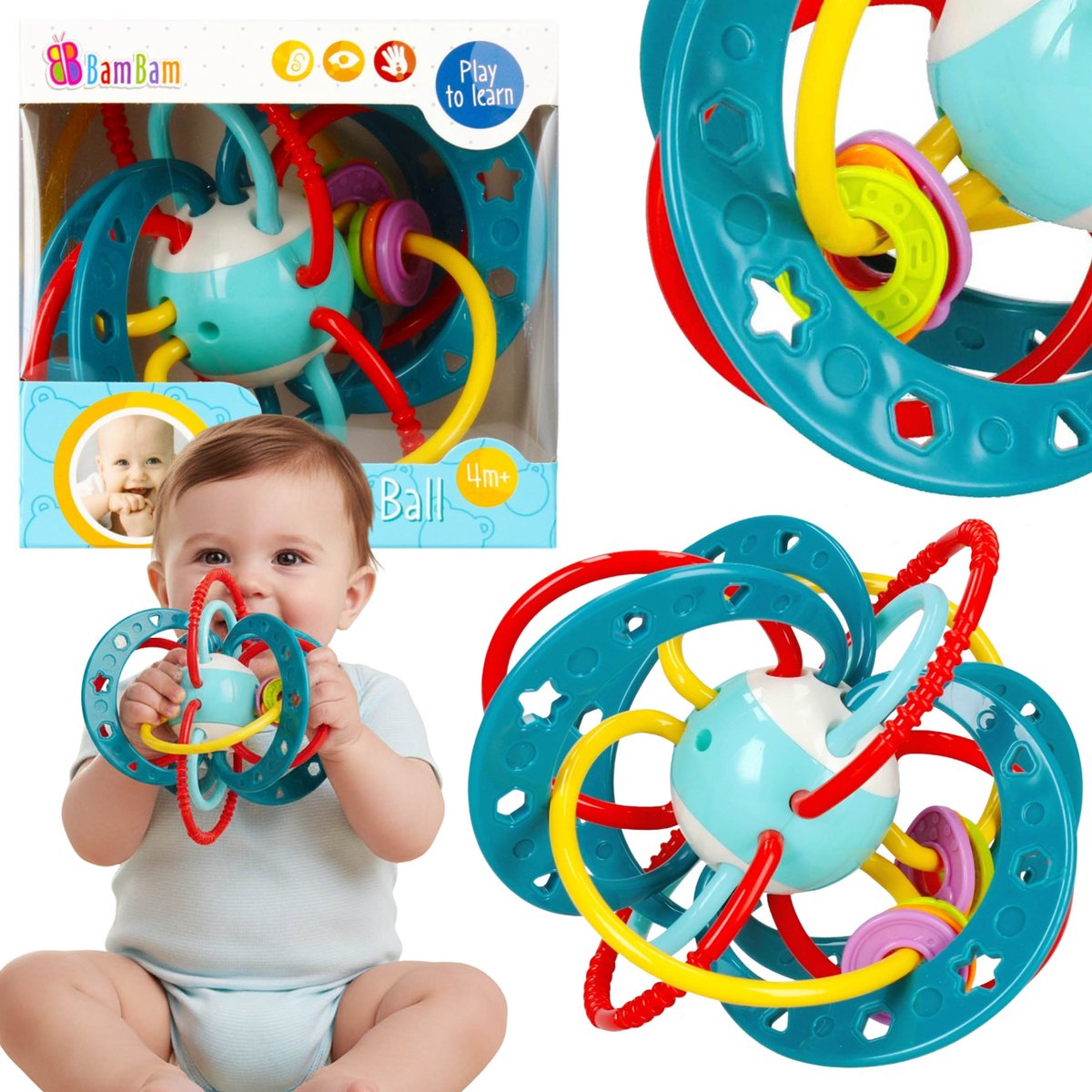 Bam Bam SENSORISCHE bal voor babys, RAMMELAAR, kleurrijk ontwikkelingsspeeltje 4m+